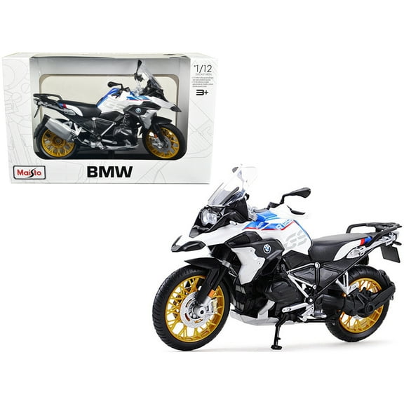 BMW R1250 GS White with Blue and Red Stripes 1/12 Diecast Motorcycle Model by Maisto