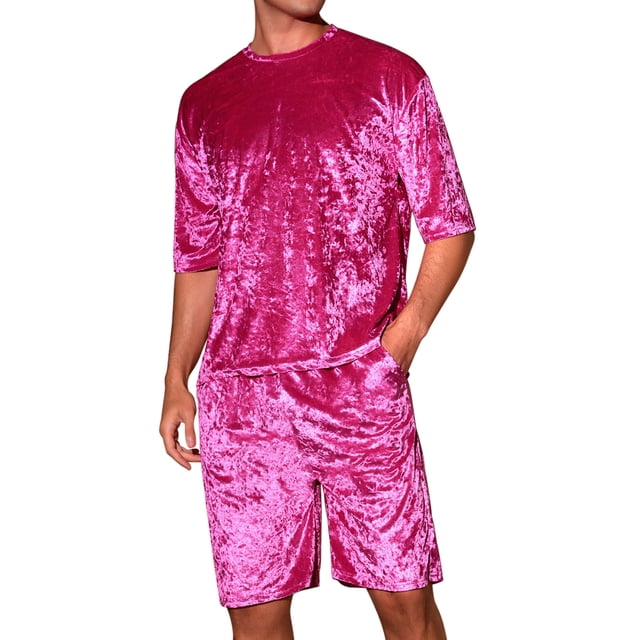 INSPIRAR CHIC Conjunto de camiseta de manga corta y pantalones cortos de verano para hombres en terciopelo M color rojo rosa