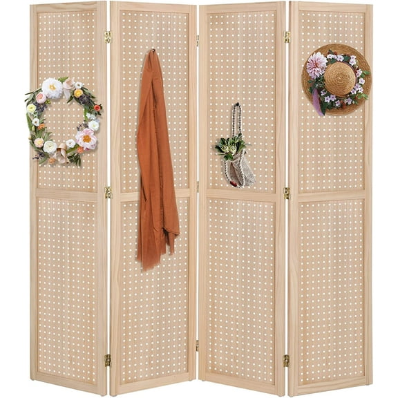 Bonnlo 4 Panel Pegboard Freestanding, 5 FT Portable Display Board Organizer for Craft Show Jewelry, Wooden Folding Privacy Screen Room Divider (Natural)