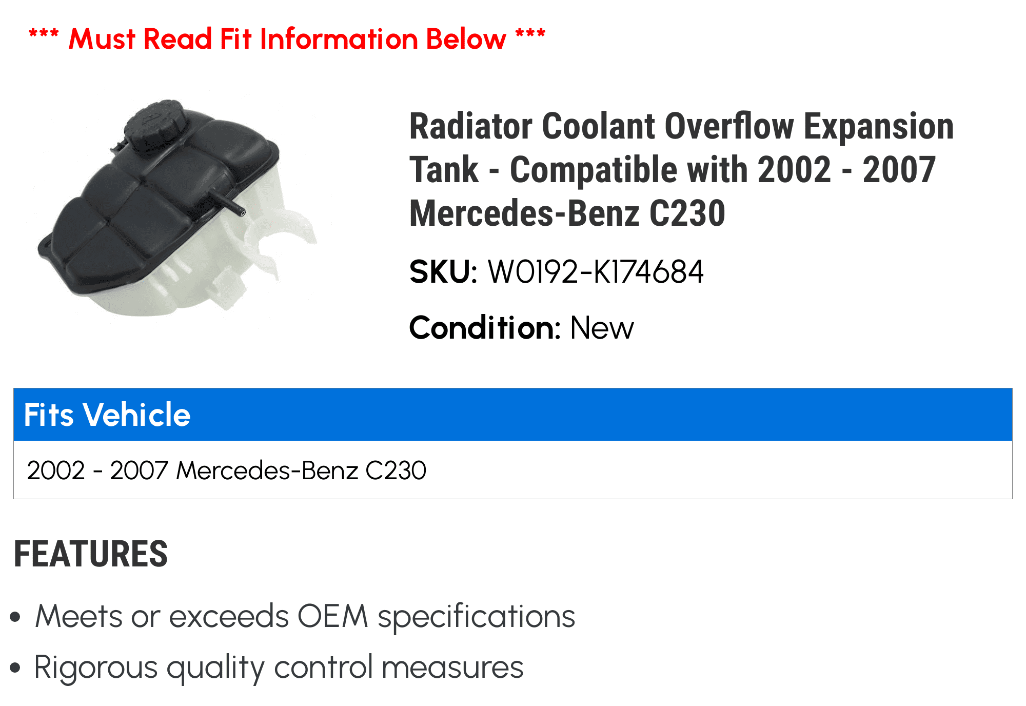 Radiator Coolant Overflow Expansion Tank - Compatible with 2002 - 2007 Mercedes-Benz C230 2003 2004 2005 2006