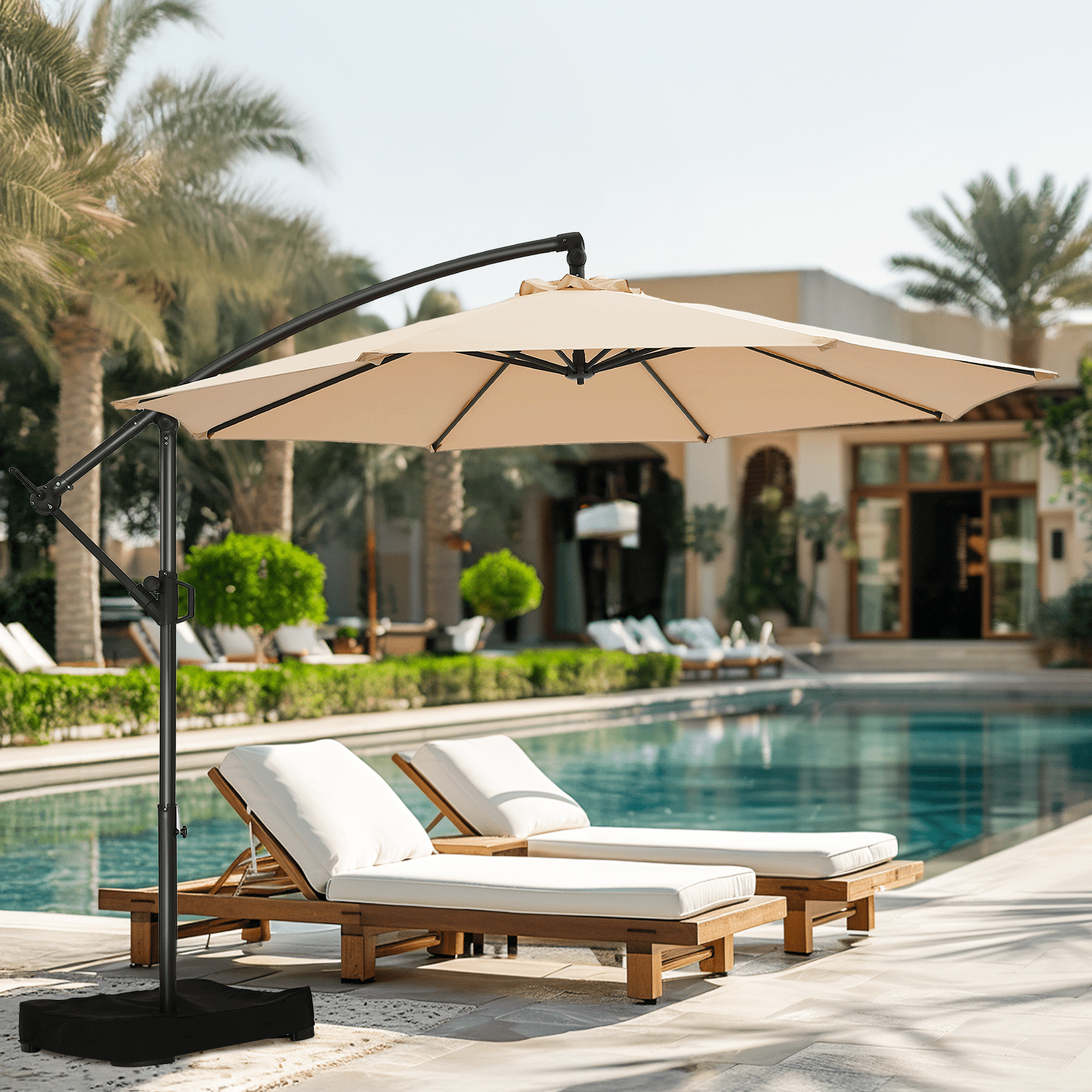 Patbrela 10ft Cantilever Patio Umbrella, 360-Degree Rotation Hanging Offset Market Outdoor Umbrella, Tilt Adjustment, for Backyard, Deck, Poolside, Beige (Base not included)