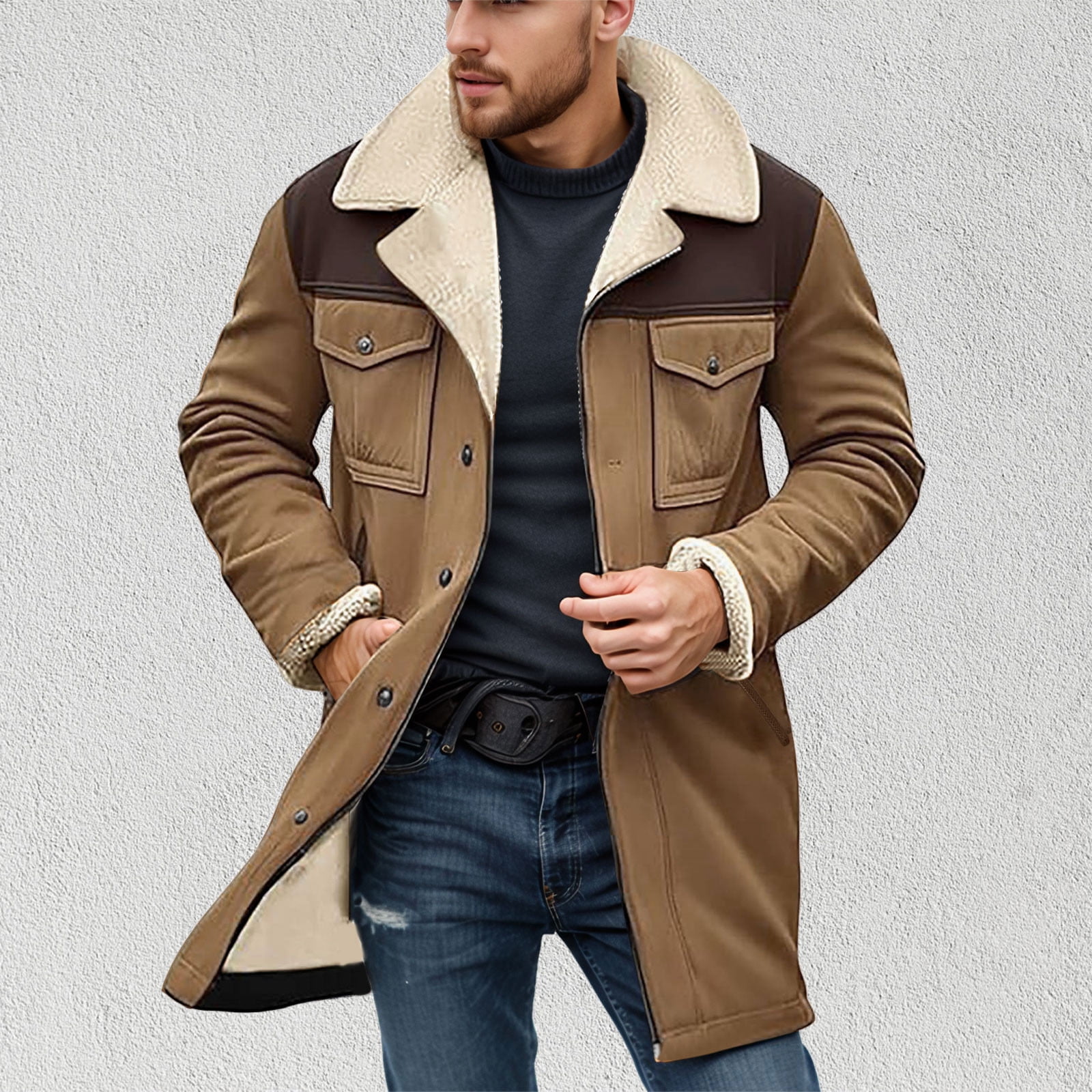 Western Jackets for Men Notched Collar Coats Leather Winter Long