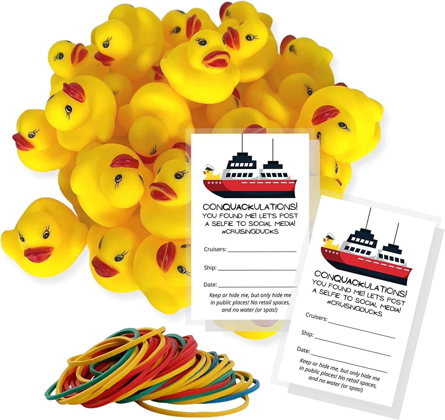 110 Pack Bulk Cruising Ducks Tag Kit with Rubber Ducks & Rubber Bands