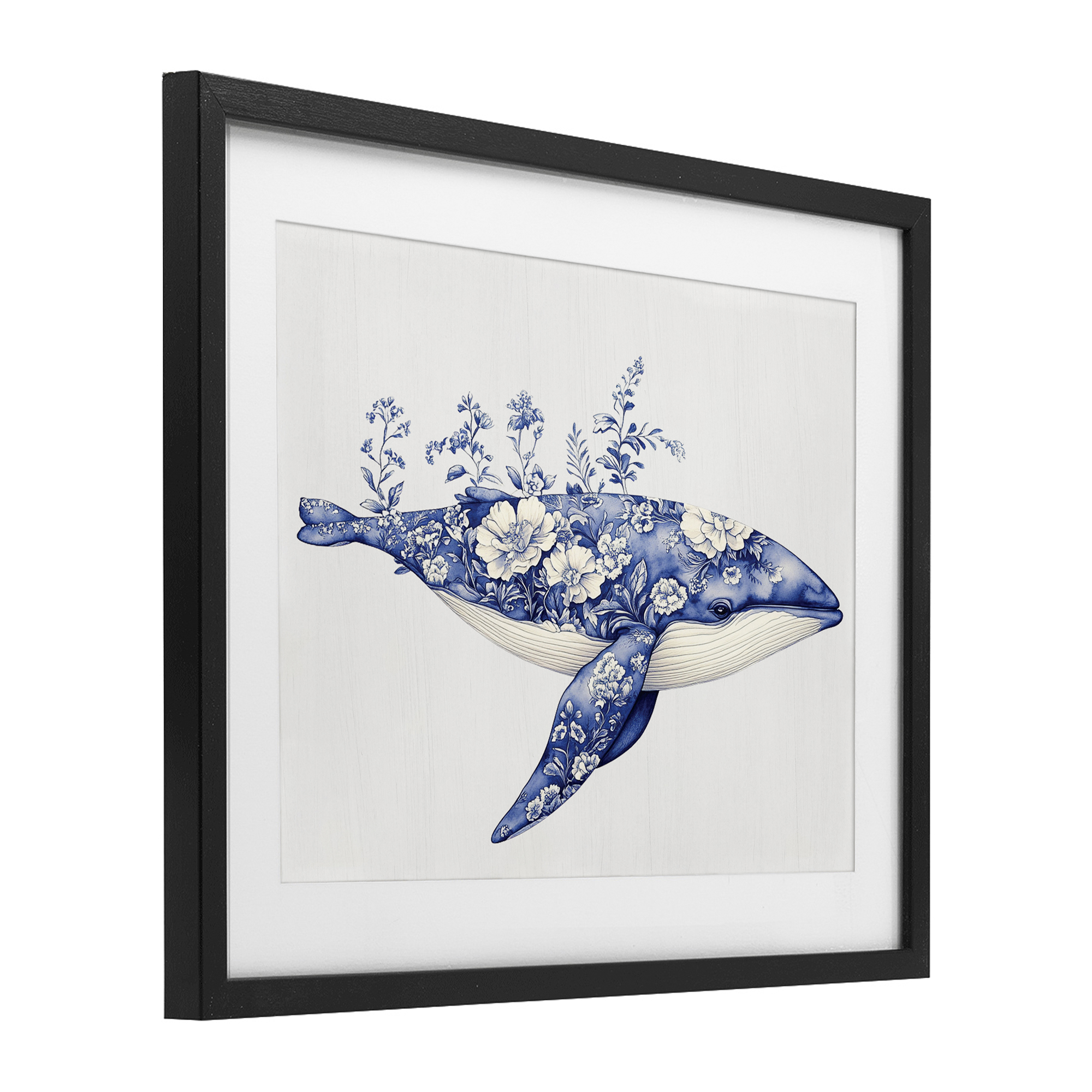 Blooming Toile Whale Black Framed Print Under Glass, design by Lettered and Lined