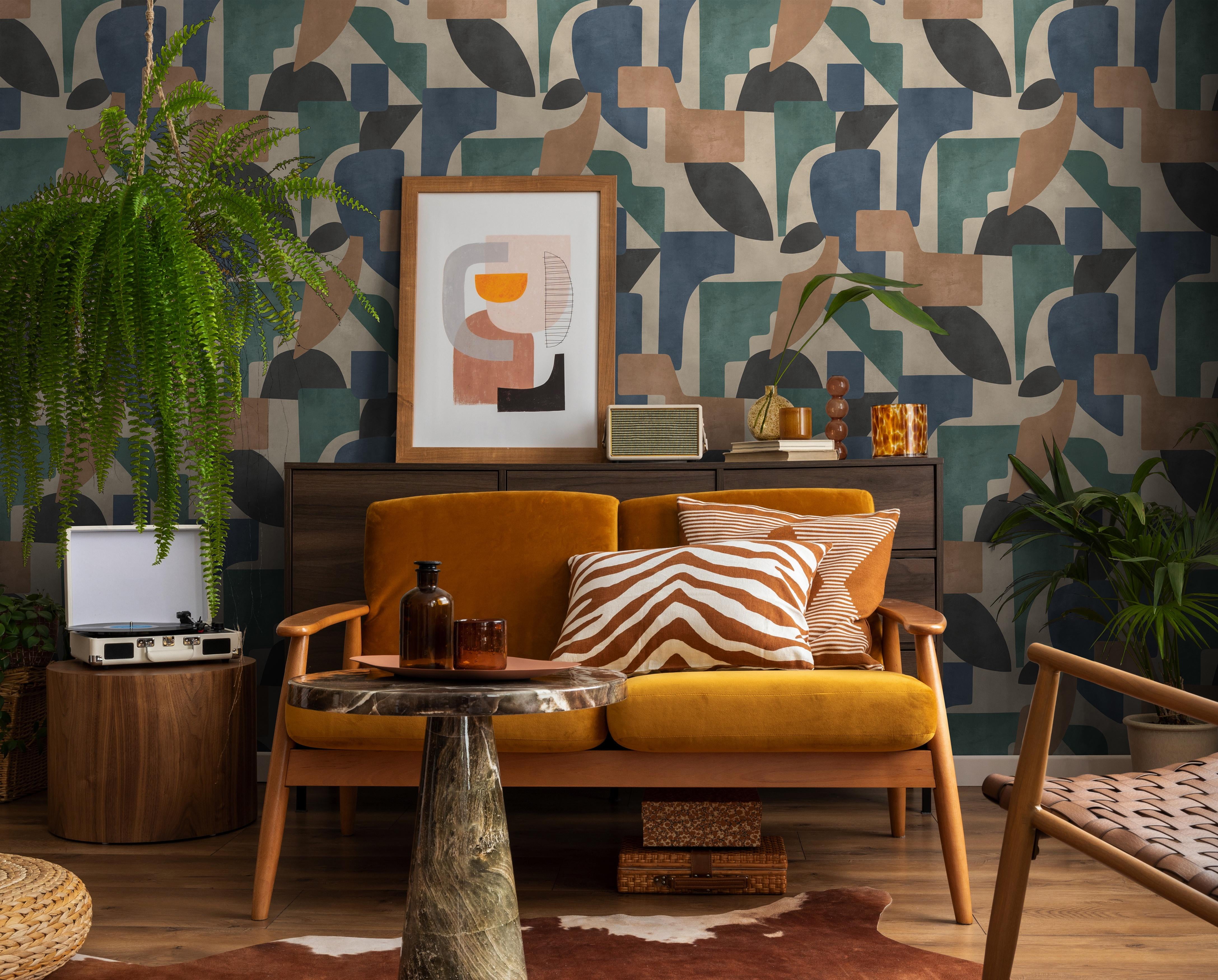 Taupe Aqua Modern Asbtract Geometric Wallpaper