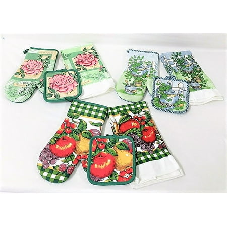 Linden 12 Piece - 3 Sets of Cotton Kitchen Towels, Potholders, and Oven Mitts - 12 Pieces!