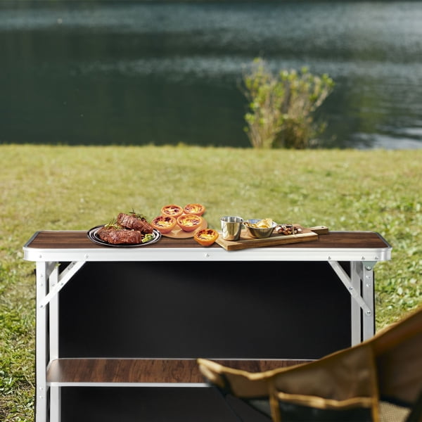 Portable Folding Bar Table with Shelf, Tradeshow Podium Table with Black Skirt and Carrying Bag, for Indoor Outdoor Party Picnic Exhibition, Brown Wood Tone