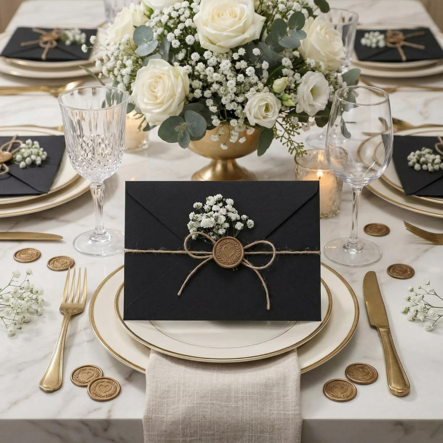 50 Sets Wedding Invitations Wraps Set Include Envelope for 5 x 7 Inch Invitations Self Adhesive Gold Wax Seal Sticker Dried Flowers for DIY Photos Cards Dining Table(Classic,Black)