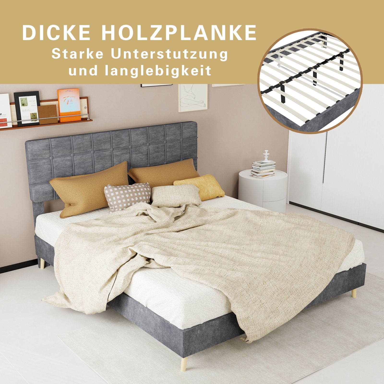 Alvantor Queen Size Upholstered Bed Frame with Padded Headboard Gray