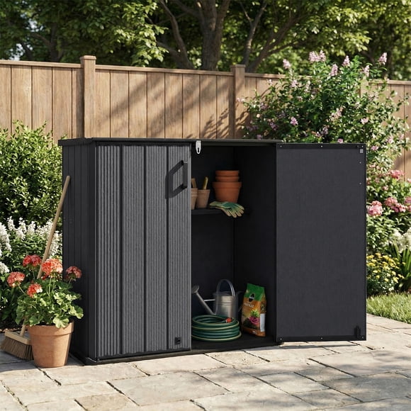 Costway Outdoor Storage Shed, Cu.ft All-Weather Storage Box with Floor, Lockable Door Black