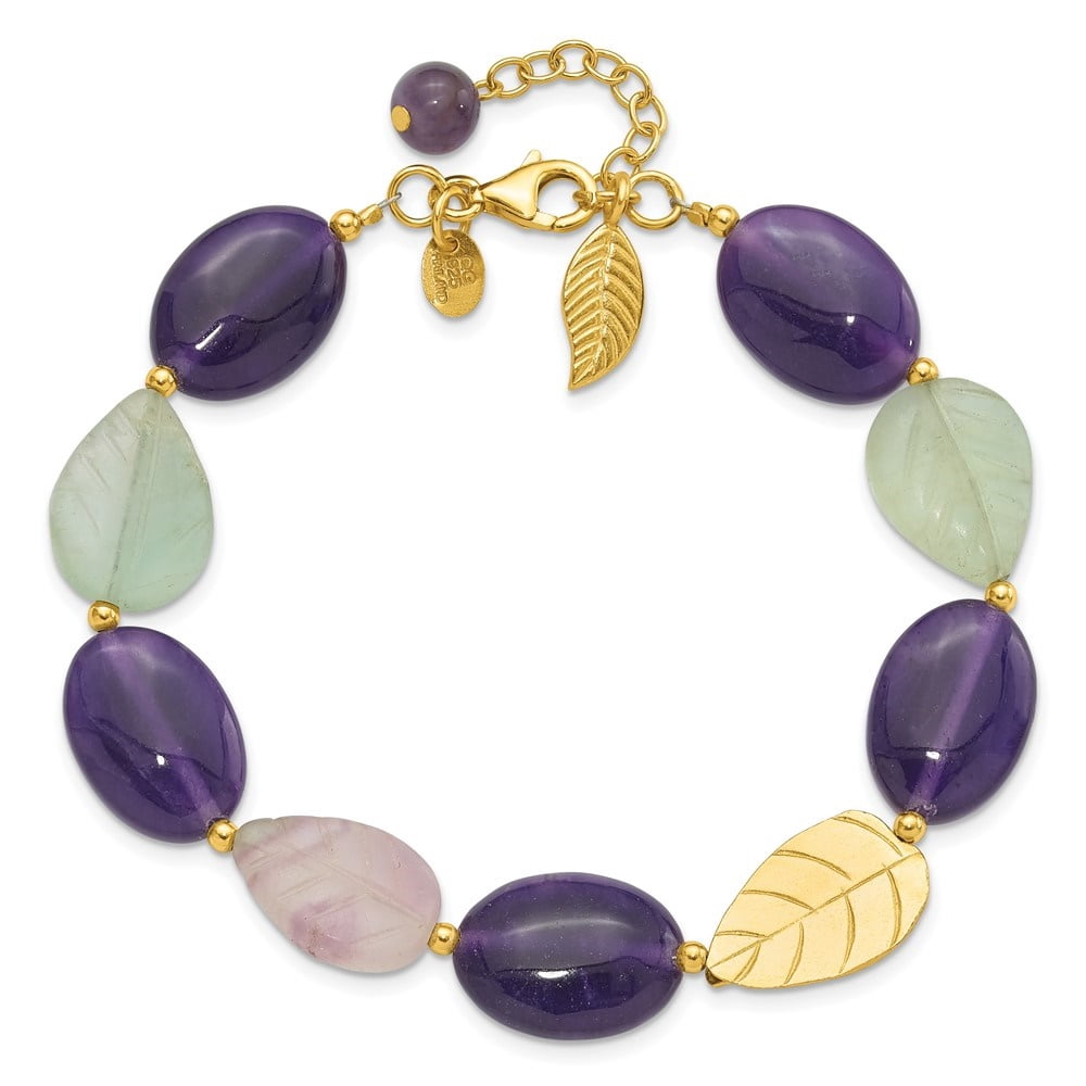 Diamond2Deal 925 Sterling Silver Gold-Plated Amethyst/Fluorite/Jade 1in ext. Bracelet for Women 9"
