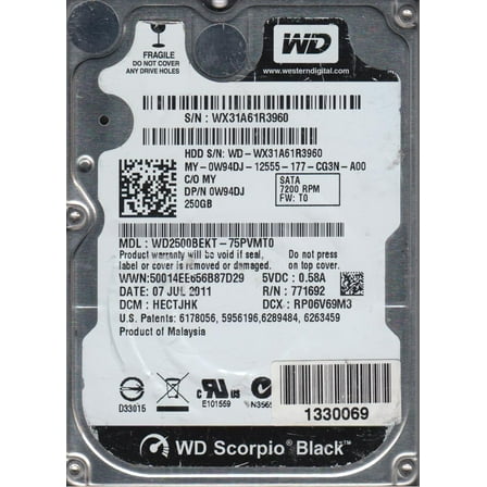 WD2500BEKT-75PVMT0, DCM HECTJHK, Western Digital 250GB SATA 2.5 Hard Drive