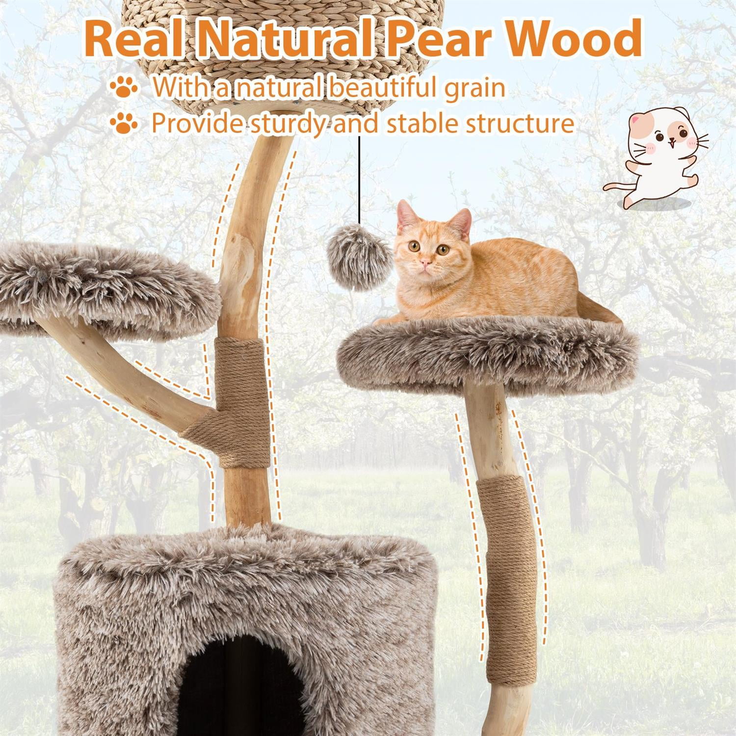 Pefilos Solid Pear Wood Cat Tree, Top Perch & Sisal Scratching Posts, Jumping Platforms & Removable Pads, Brown