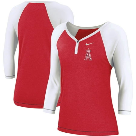 Los Angeles Angels Nike Women's Henley 3/4-Sleeve Raglan Tri-Blend V-Neck T-Shirt - Red