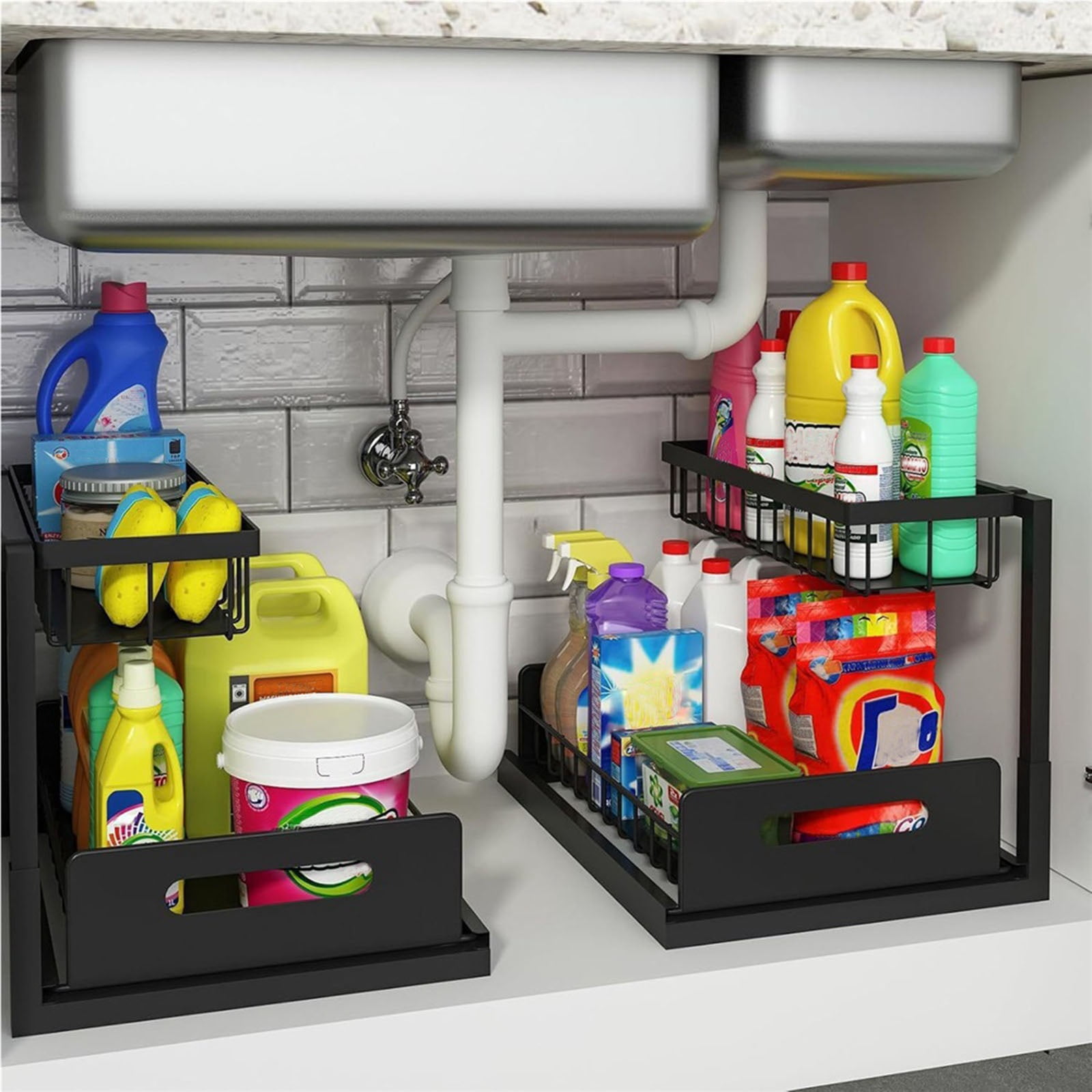 2-Tier Under Sink Organizer with Slide-Out Drawers, Easy to Disassemble Iron Frame