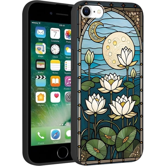Black Print Phone Case for iPhone 8/SE 2022/7/SE 2020 4.7", Cute Aesthetic Pattern Design Funda with TPU Slim Liquid Silicone Shockproof Protection Soft Cover for Women Girls, Lotus Moon