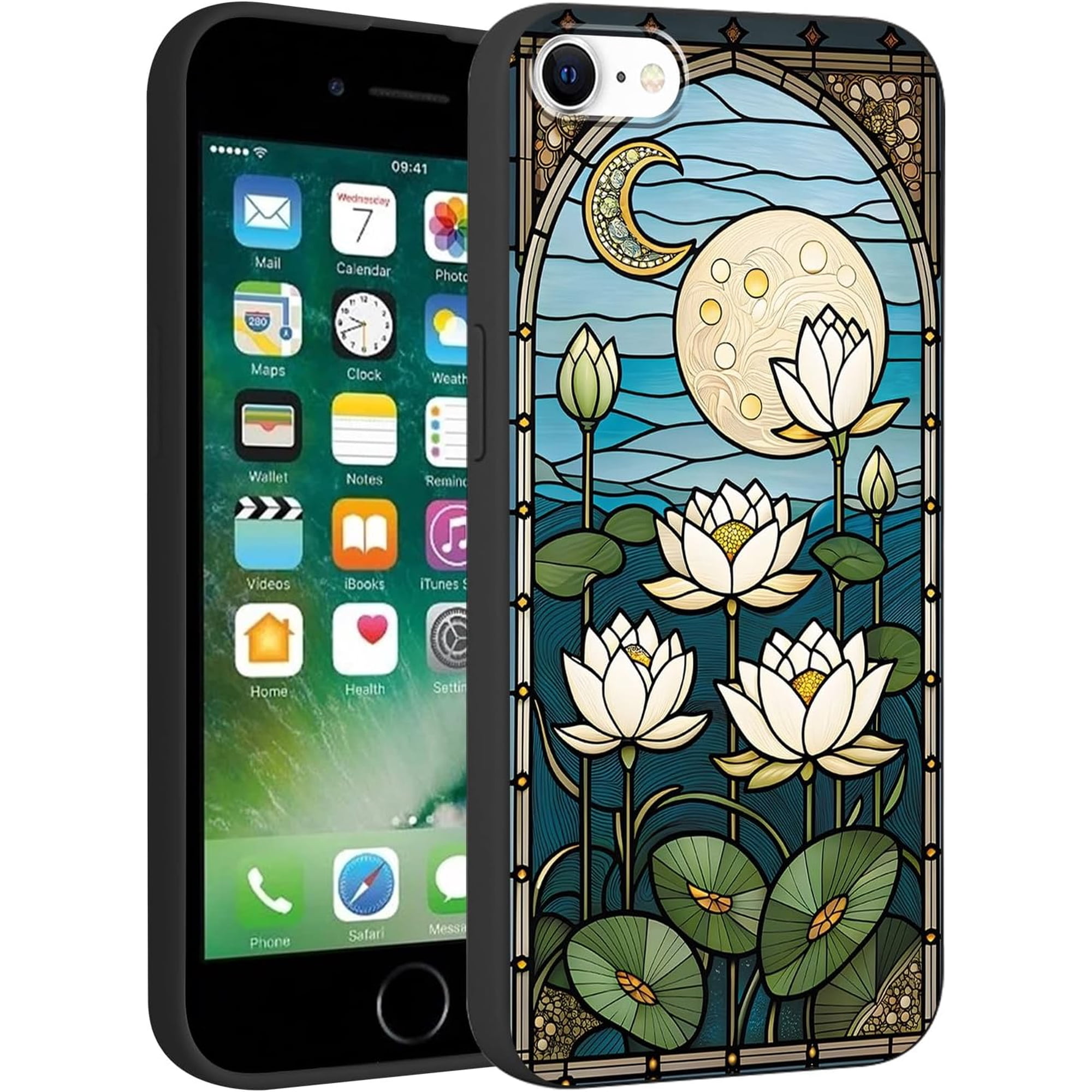 Black Print Phone Case for iPhone 8/SE 2022/7/SE 2020 4.7", Cute Aesthetic Pattern Design Funda with TPU Slim Liquid Silicone Shockproof Protection Soft Cover for Women Girls, Lotus Moon