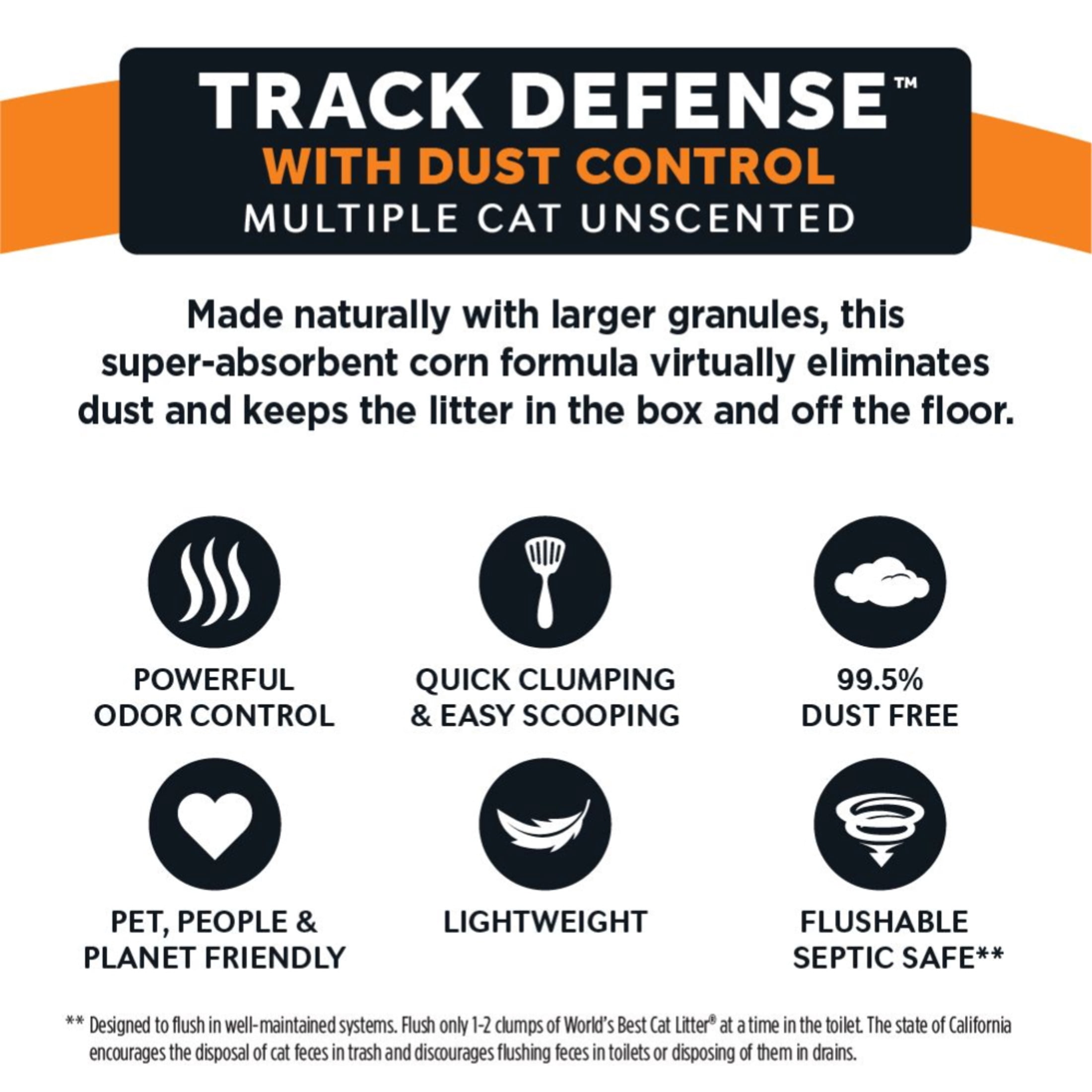 World's Best Cat Litter® Track Defense™ Unscented, Low Tracking, Dust Control, Made from Corn, Quick Clumping, Flushable, 99% Dust Free, Long-Lasting Odor Control & Easy Scooping, 32 Pound Multi Pack