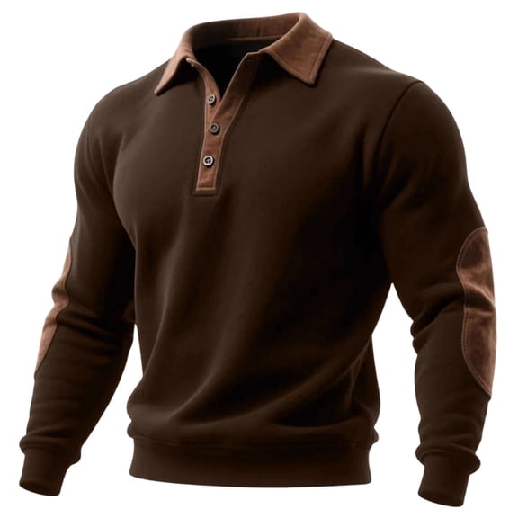 Guluxicc Dressy Henley Sweatshirts for Men Elbow Patch Ribbed Cuffs Hem Button Closure Collared Long Sleeve Casual Sweatshirts for Fall Winter Pullover