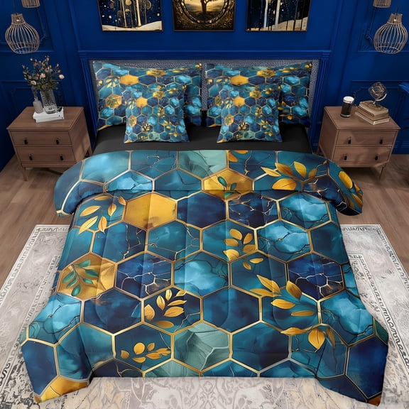 Manfei Marble Texture Road 7-Piece Twin Bedding Sets,Modern Geometric Honeycomb Bedding Comforter Set,Gold Leaves Sheet Sets For Girls Kids,Super Cozy Room Decor Reversible