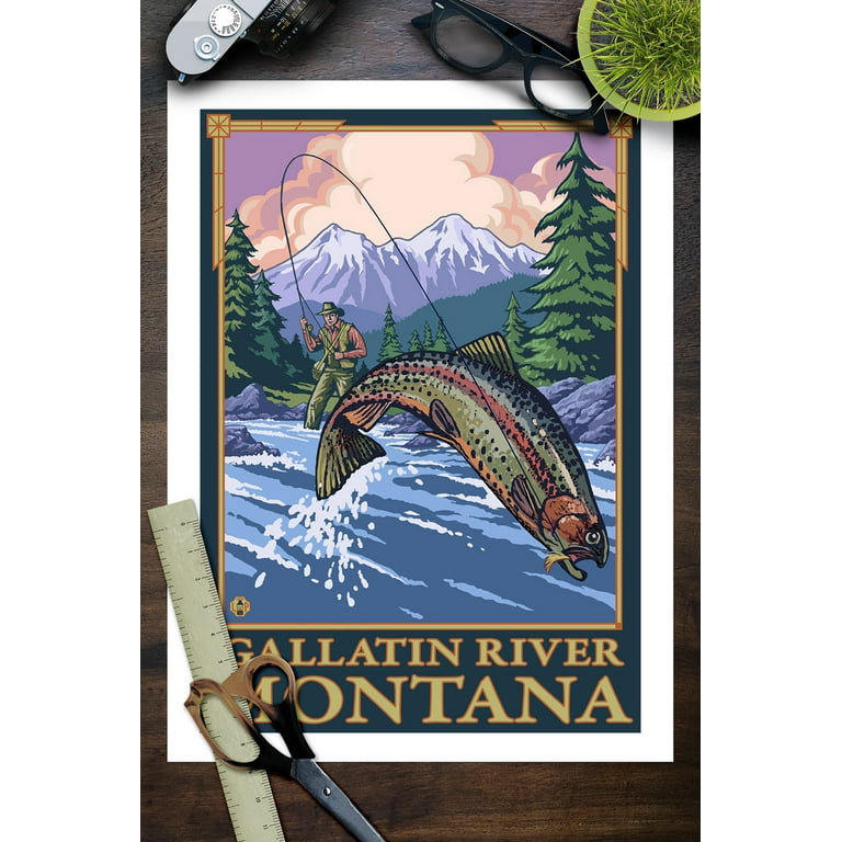 Gallatin River, Montana, Fly Fishing Scene (9x12 Wall Art Print