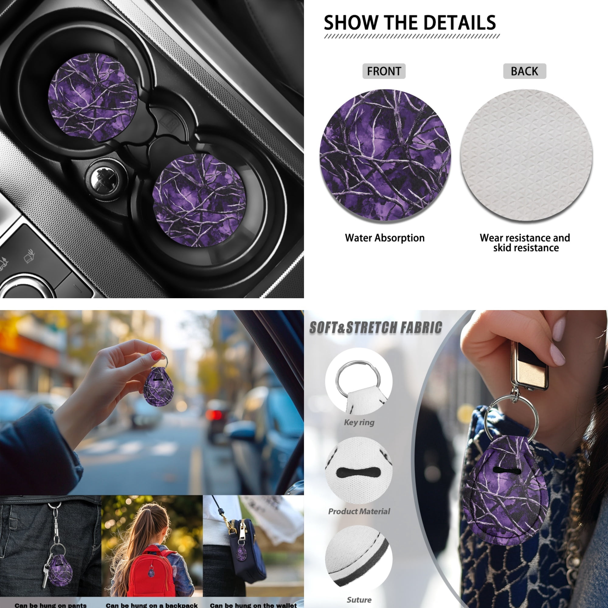 Jeiento Purple Camo Hunting Car Seat Cover Full Set with Steering Wheel Cover Seat Belt Pads Cup Holders Keychain for Most Vehicles Auto Accessories Fit for Most Vehicles