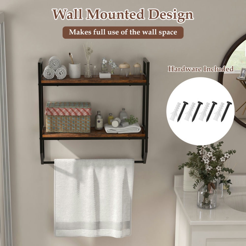 Finihen Wall Mounted Towel Warmer, Towel Rack, Towel Holder, Over the Toilet Shelf Wall Mounted with Metal Frame, for Bathroom, Kitchen, Rustic Brown