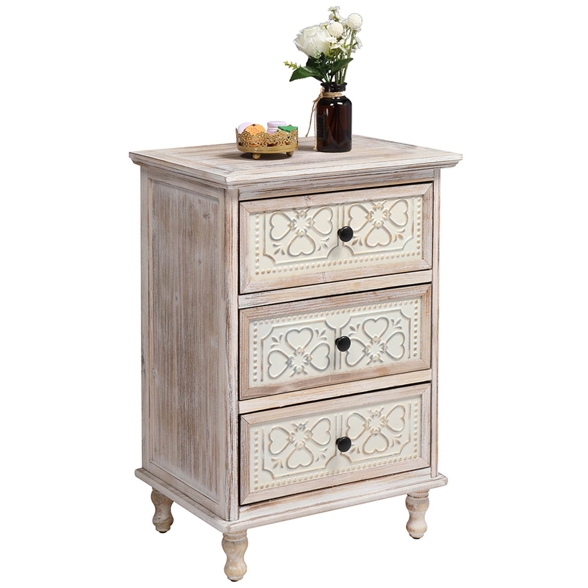 Kepooman 3 Drawer Nightstand, Durable Solid Wood and MDF Finish Fir Construction Decorative Storage Cabinet, Bedroom, Living Room, Entryway Washed White Finish Iron Carved Nightstand Kepooman 3 Drawer Nightstand, Durable Solid Wood and MDF Finish Fir Construction Decorative Storage Cabinet, Bedroom, Living Room, Entryway Washed White Finish Iron Carved Nightstand