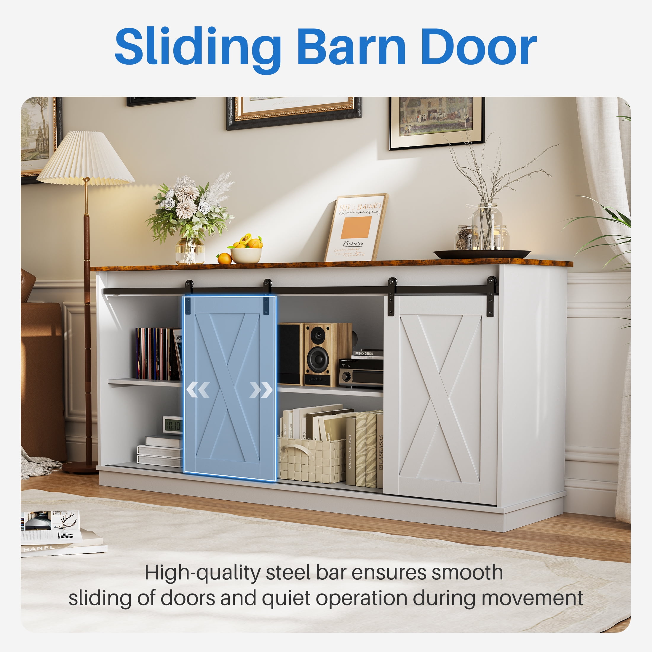 EDX TV Stand for 65" TV, Modern Entertainment Center for Living Room, TV Console Table with Storage Cabnets and Sliding Barn Doors, White