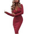 thumbnail image 1 of Women'sSolidSlimLongSleeveDeepVNeckPleatedLongBagHipHedgingDress, 1 of 5