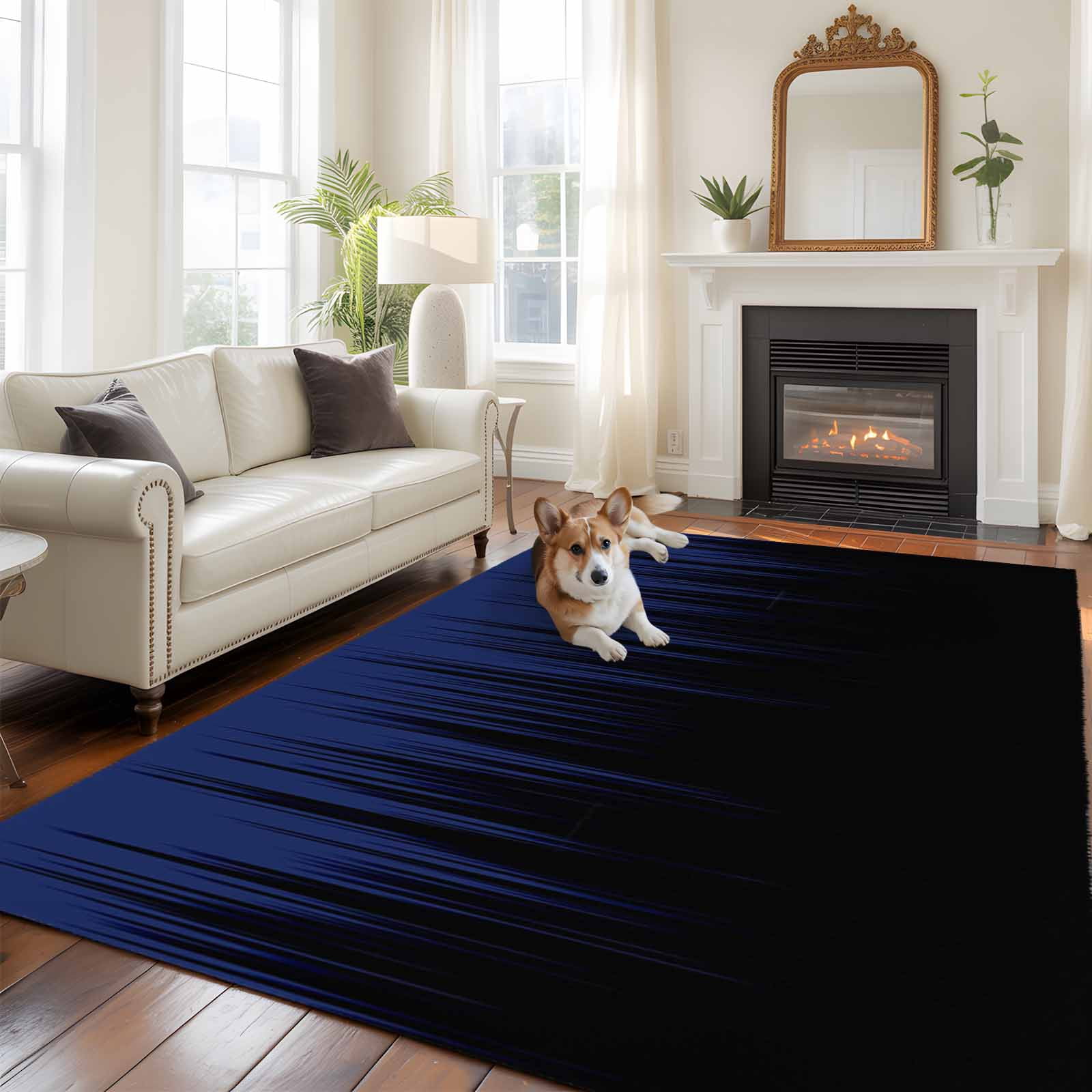 Rectangle Area Rugs 5 x 7 Ft, Navy Blue Black Ombre Non-Slip Residential Carpet, Modern Abstract Striped Gradient Indoor Crawling Mats Runner Rugs for Living Room/Dining Room/Bedroom