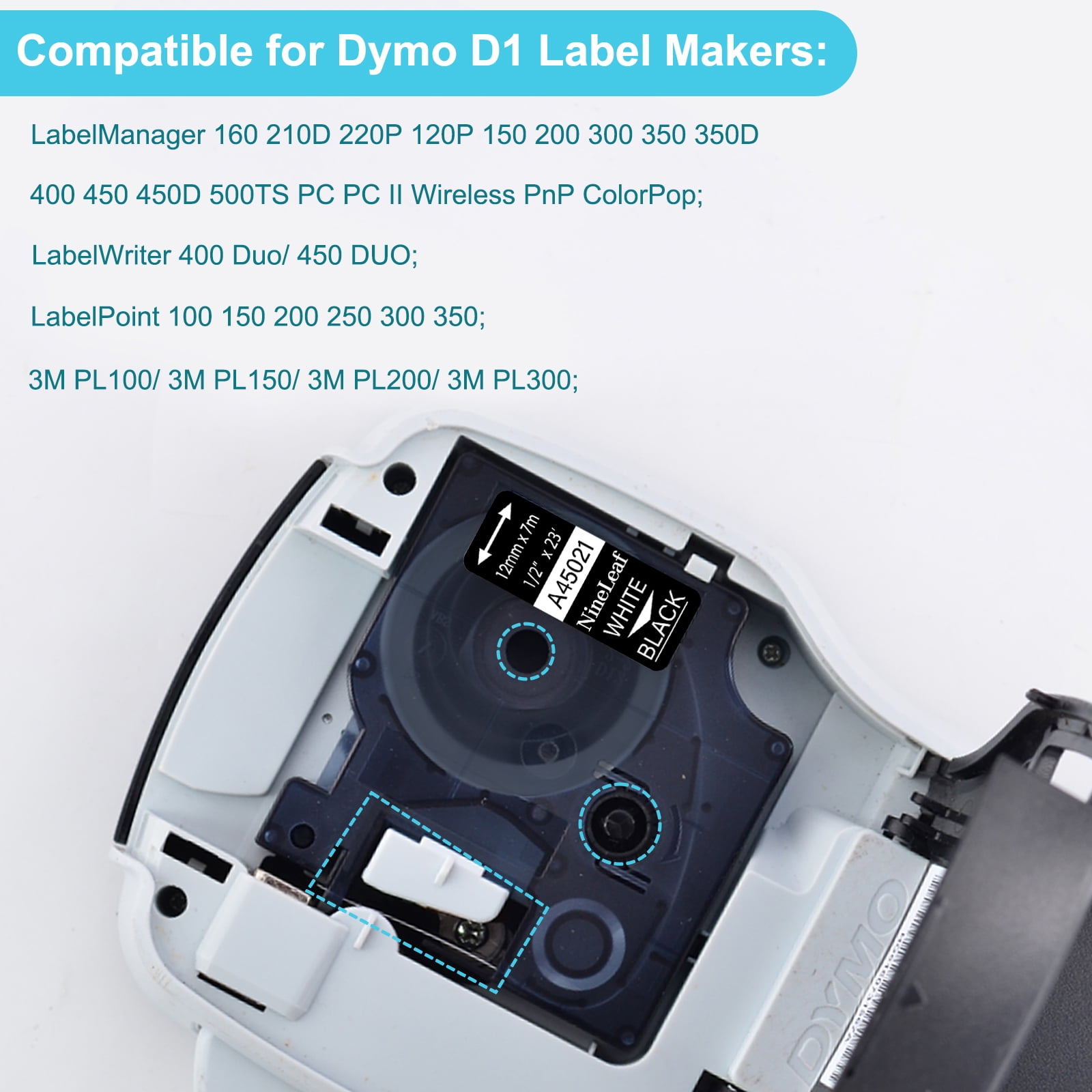 NineLeaf 6PK Compatible for DYMO D1 45021 1/2" x 23' (12mm x 7m) White on Black Label Maker Tape for Label Manager 100 120P 160 210D