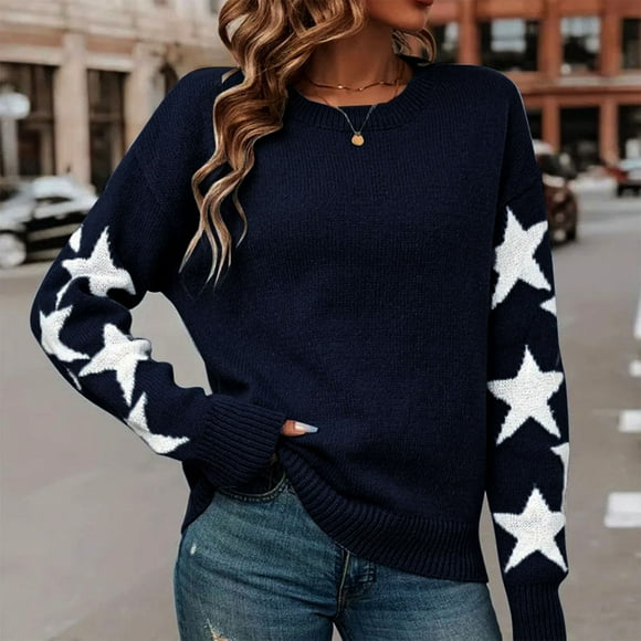 Leodye Women fashionable and comfortable Sweater Fall Star Pullover Long Sleeve Crewneck Casual Cute Sweaters Tops Blue XL(XL)