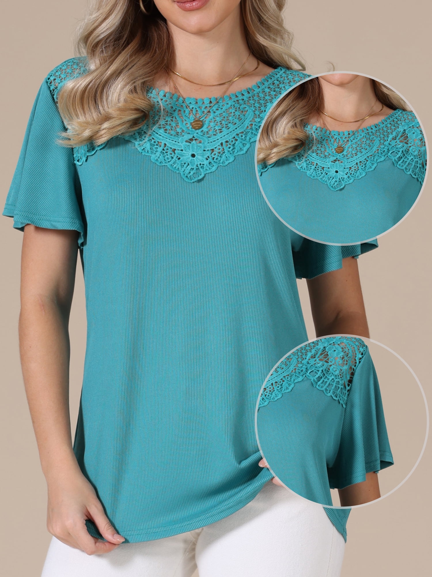 DARING DIVA Women's Short Sleeve Shirts V Neck Dressy Casual Tunic Tops 2XL Turquoise