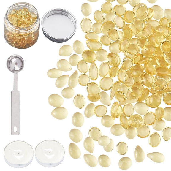 Transparent Sealing Wax Beads Yellow Wax Seal Beads Kit with 2pcs Candle 1pc Melting Spoon for DIY Wax Seal Stamp for DIY Wedding Invitations Letter Envelopes Packaging Crafts Card(Packed in Can)