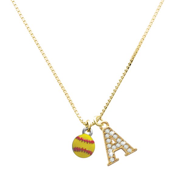 Delight Jewelry Silver-tone Mini Yellow Softball - Large Goldtone Crystal Initial - A - Charm Necklace, 17.5" 2"