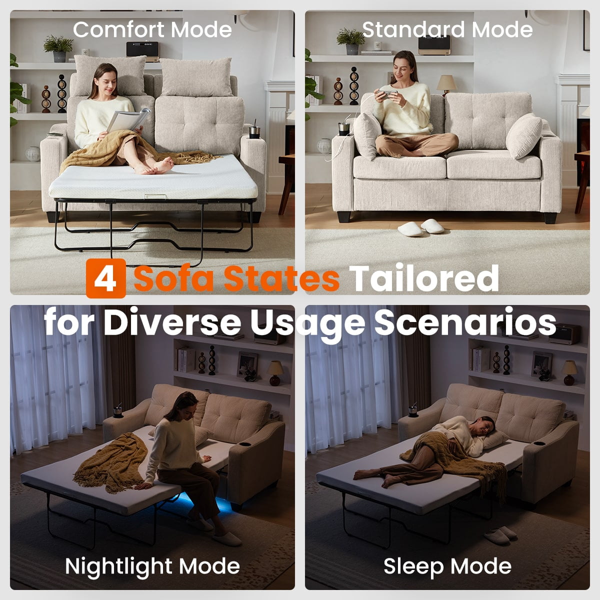 CHIC HOUSE Pull Out Sofa Bed Couch Full Size with Mattress USB, Convertible Sleeper Sofa Loveseat for Small Spaces RV, Corduroy Pull Out Couch Bed for Living Room with Cup Holders LED Lights, Beige