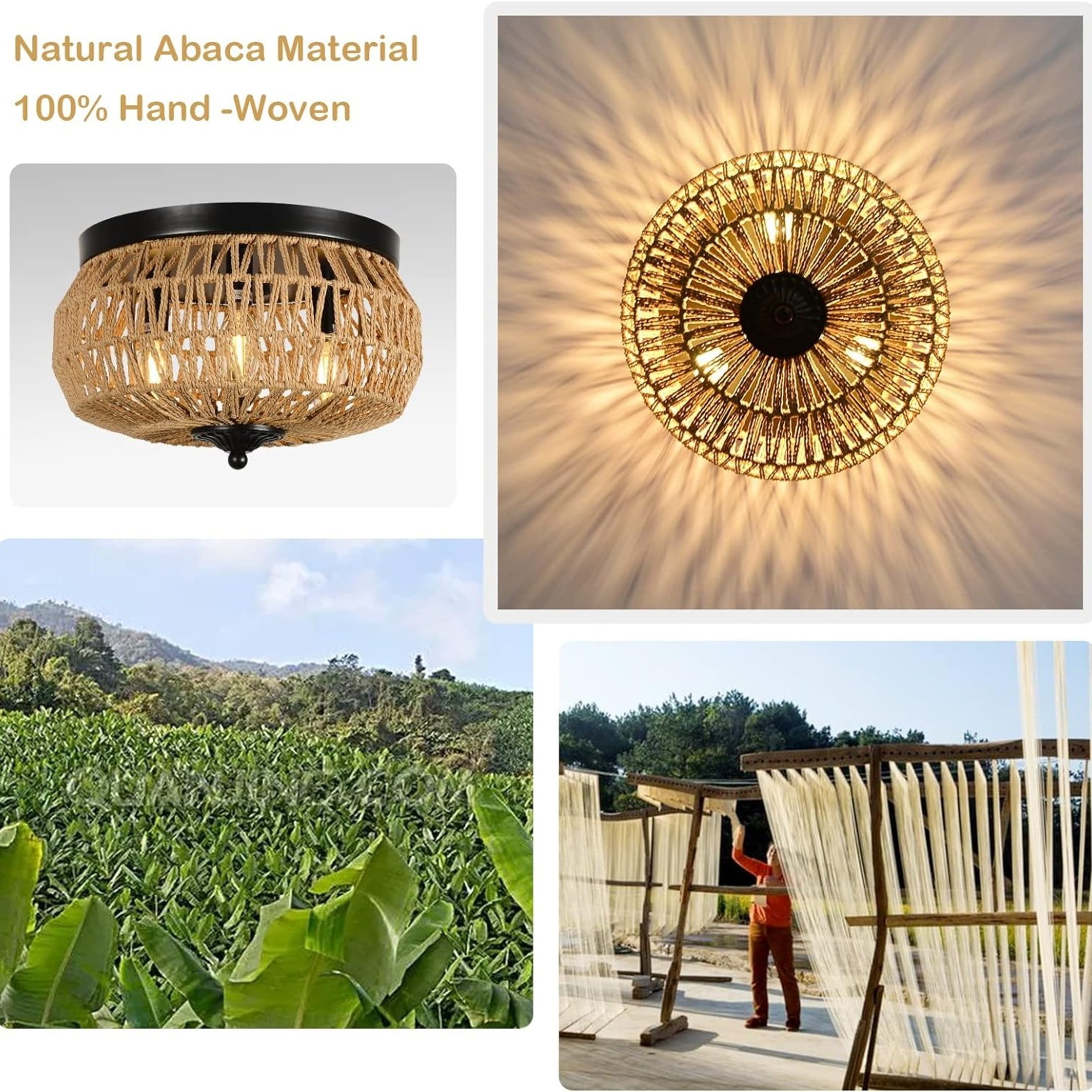 Noble House 3-Light Woven Rattan Flush Mount Ceiling Light, Natural Boho Cage Shade Close to Ceiling Fixture, Brown
