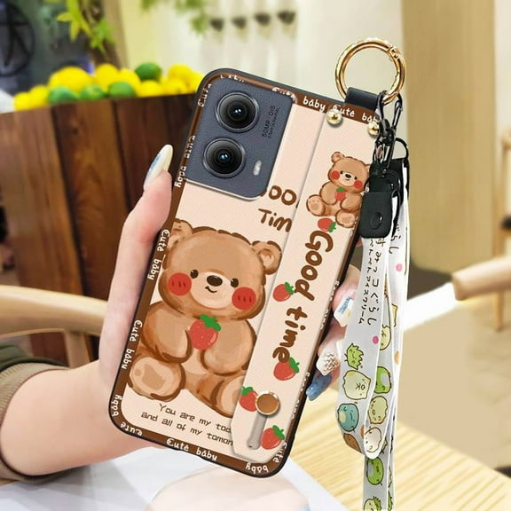 KDY-Phone Case For MOTO Edge 5G 2024, Fashion Design Ring Protective Kickstand Anti-dust Silicone Back Cover Durable Soft case Lanyard Cartoon Anti-knock Wrist Strap Wristband Cute