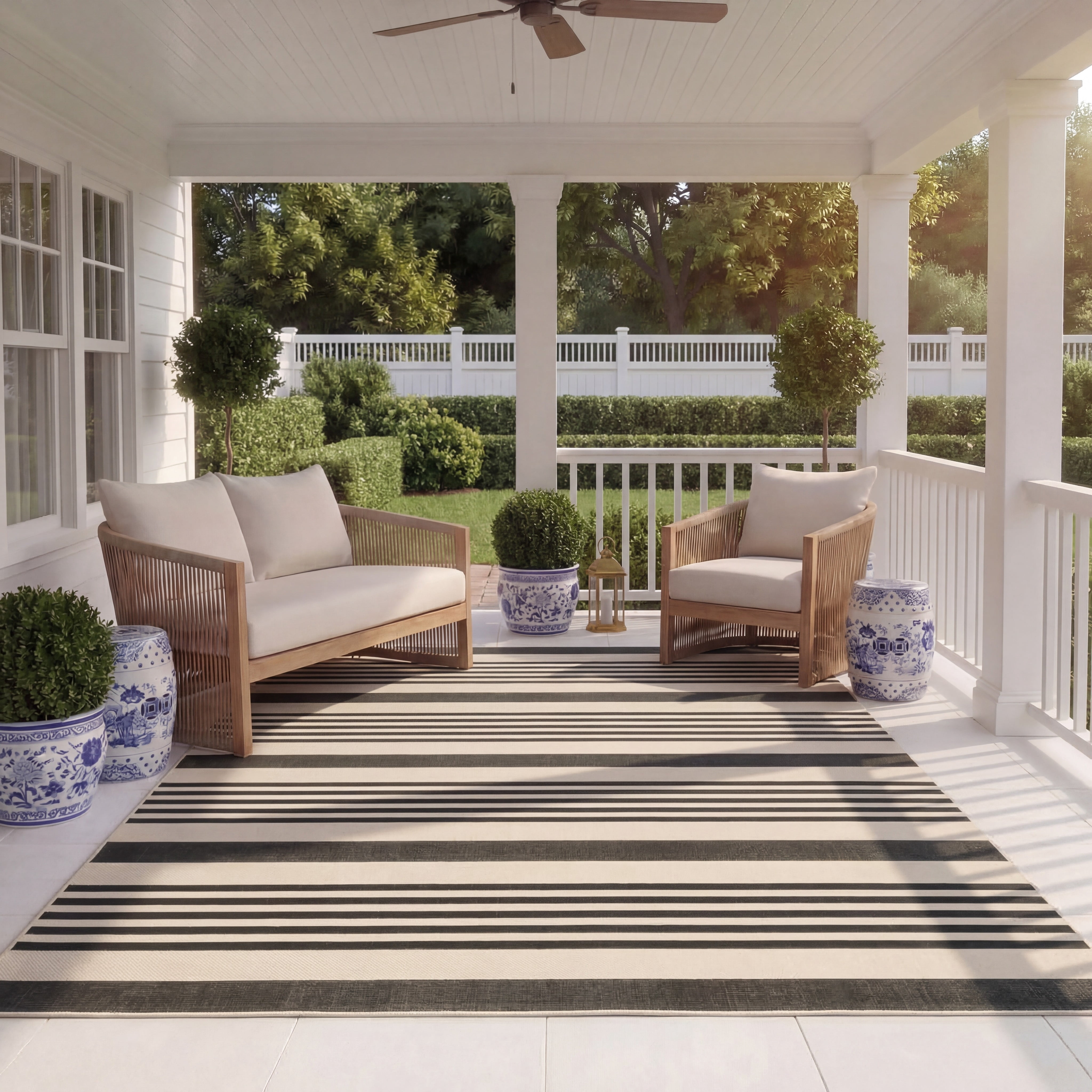 Safavieh Courtyard Caroline Striped Indoor/Outdoor Area Rug, Black/Bone, 5'3" x 5'3" Square