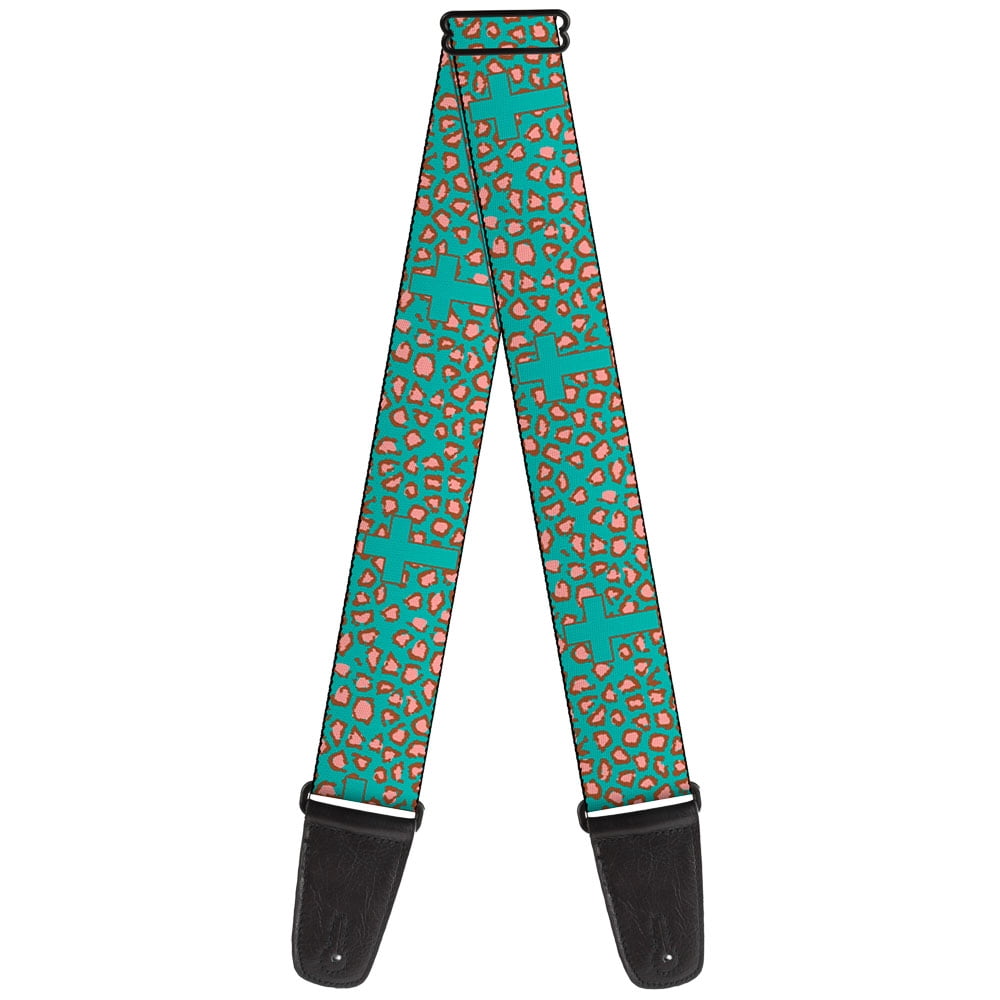 Buckle-Down Guitar Strap, Cross Repeat Leopard Turquoise Pink, 2 Inches Wide