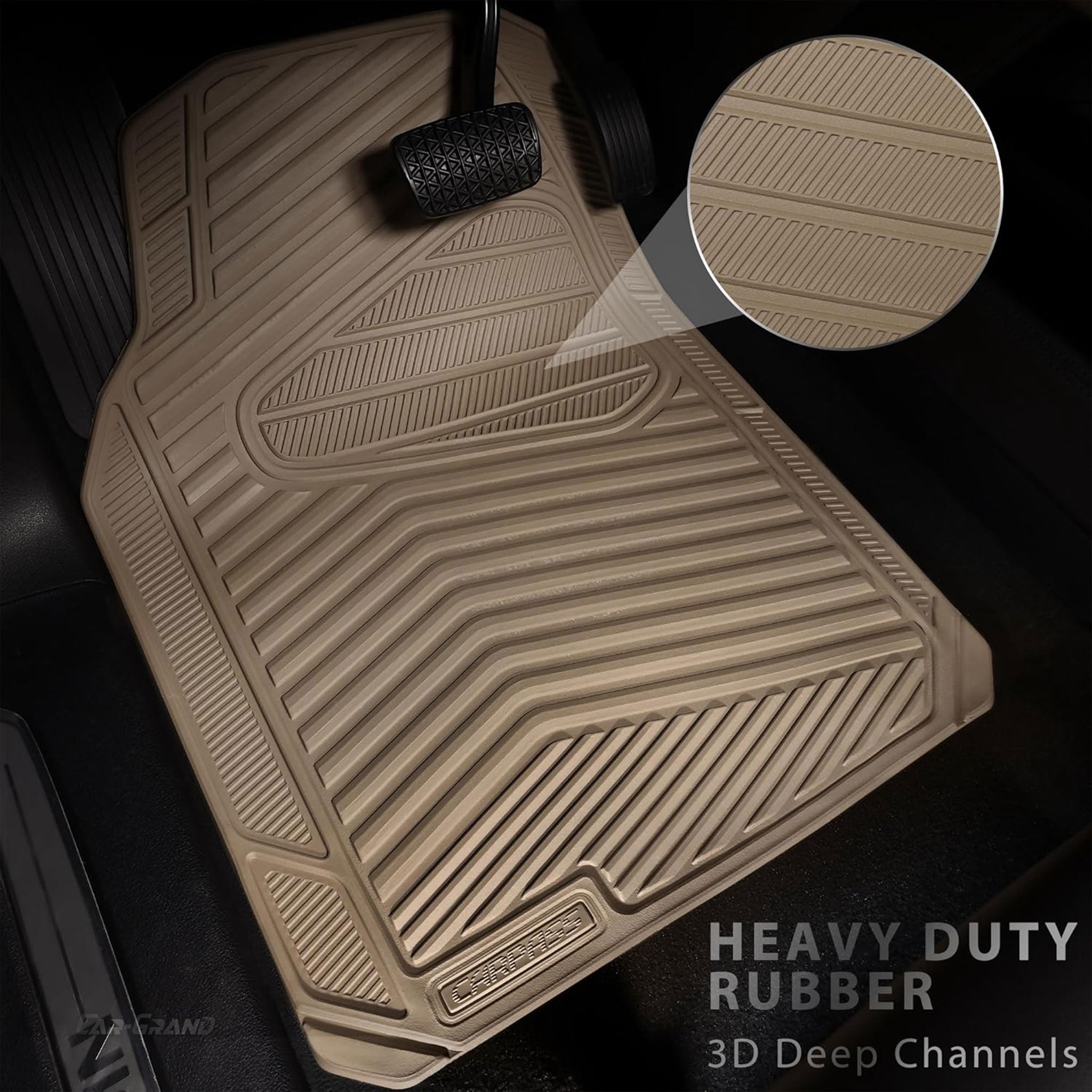 CAR GRAND Rubber Car Floor Mats, All Season All Weather Waterproof Automotive Mats Full Set 3 Pieces, Trim to Fit for Cars Sedans SUVs Trucks, Anti-Slip Easy Clean, All Beige