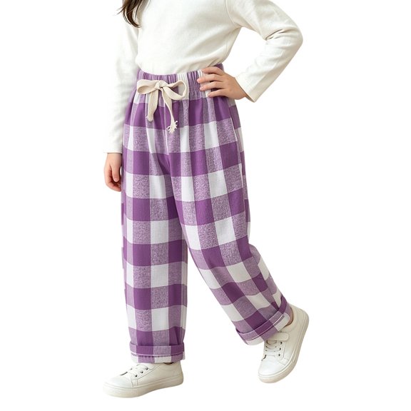 Kids Plaid Check Loose Straight Pants, Drawstring Elastic Waist Lightweight Breathable Cotton Trousers for Boys Girls Spring Summer School Daily Outdoor Wear(Purple,2-3 Years)