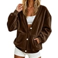thumbnail image 2 of Stralyhd Relaxed Fit Fluffy V Neck Jacket Women Oversized Sweatshirt Daily Casual Tops Fashion Autumn Lounge Outfits Outerwear with Pockets Brown XXL, 2 of 5