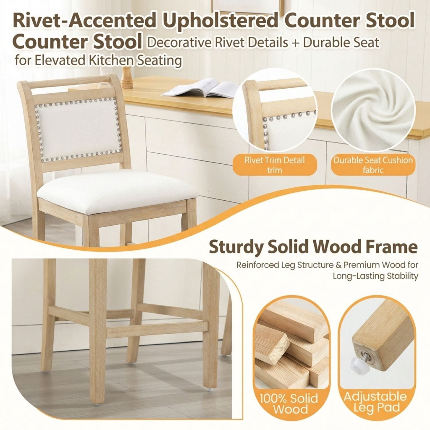 Dayalane 26" Farmhouse Counter Height Bar Stools Set of 4, Rustic French Wooden Barstools with Linen Fabric Upholstered , Top Rail Nailhead Breakfast Bar Stool for Bar Kitchen Island Bistro, Ivory