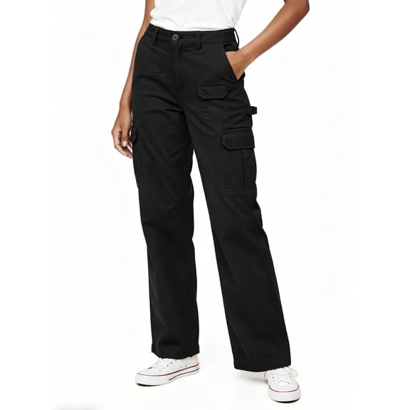 TRGPSG Women's High Waisted Cargo Pants, Wide Leg Baggy Y2K Streetwear Trousers, 7-Pocket Cotton Twill Hiking Pants for Work, Outdoor & Casual,Black Size M