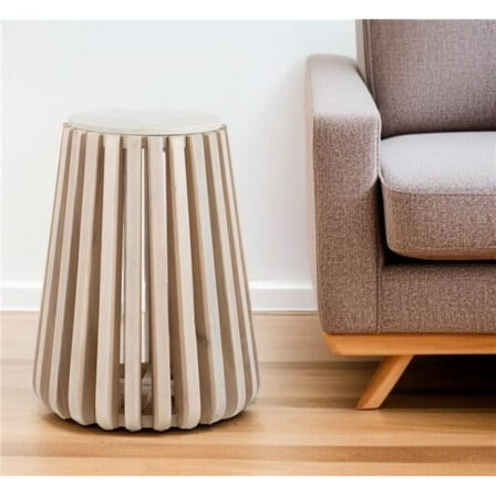 HomeRoots 556503 23 in. White & Natural Distressed Marble & Wood Round Drum End Table