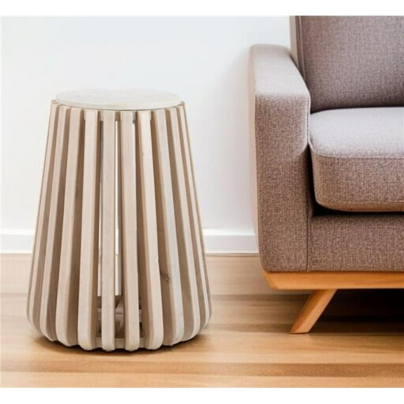 HomeRoots 556503 23 in. White & Natural Distressed Marble & Wood Round Drum End Table