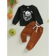 thumbnail image 2 of Toddler Boy Halloween Outfits Pumpkin Print Long Sleeve Crew Neck Sweatshirt + Elastic Waist Pants Fall Clothes Set, 2 of 9