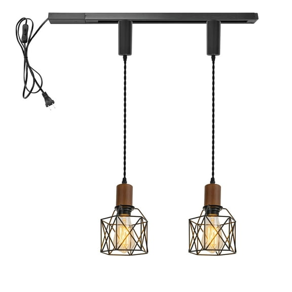 KAYYELAMP H-Type Track Light Set 1 Track Rail with Plug Outlet Cable, 2 Track Pendant 3.2 Ft Adjusted Cord Walnut Base Black Metal Cage Shade Vintage Design for Kitchen Loft(No Bulb)